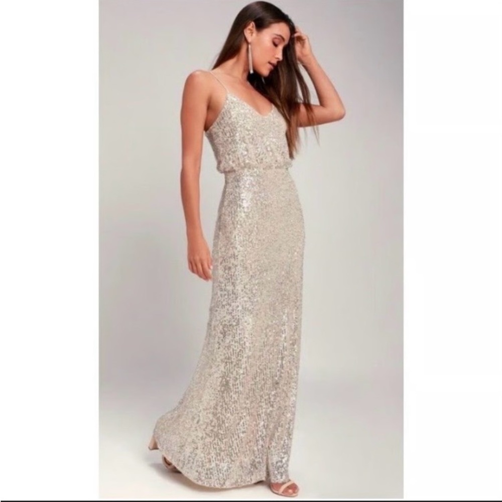 LULUS Sequin Broadway Long Maxi Dress Small Silver Cream